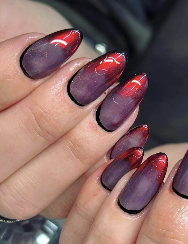 Almond Shaped Vampire Nails Gothic with Ombre Effect and Black Edging