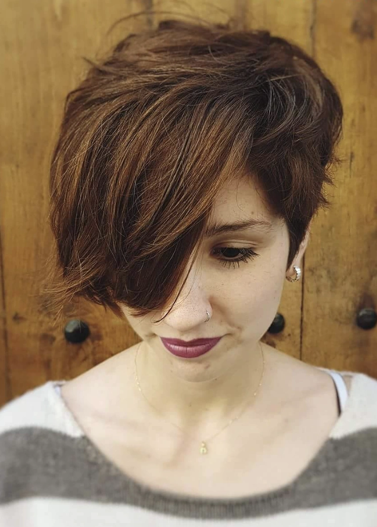 Asymmetrical Auburn Long Pixie with Side-Swept Bangs