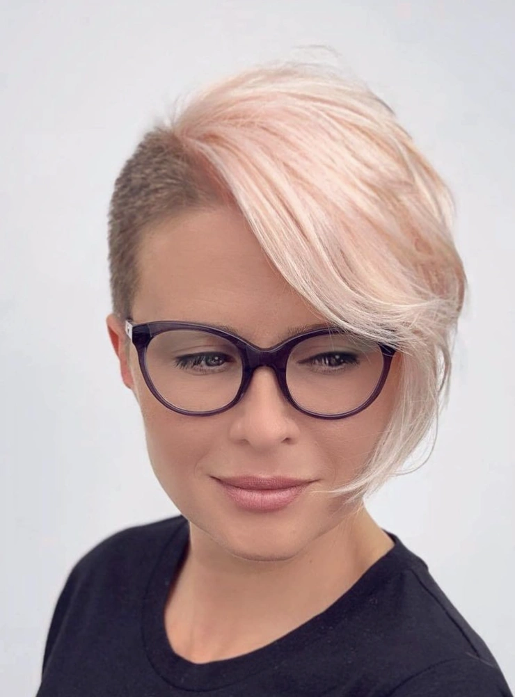 Asymmetrical Blush Blonde Curly Pixie with Shaved Side