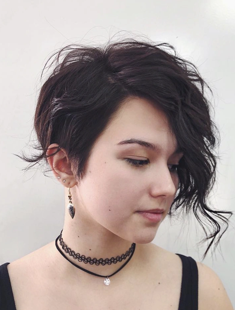 Asymmetrical Dark Chocolate Shaggy Pixie with Undercut