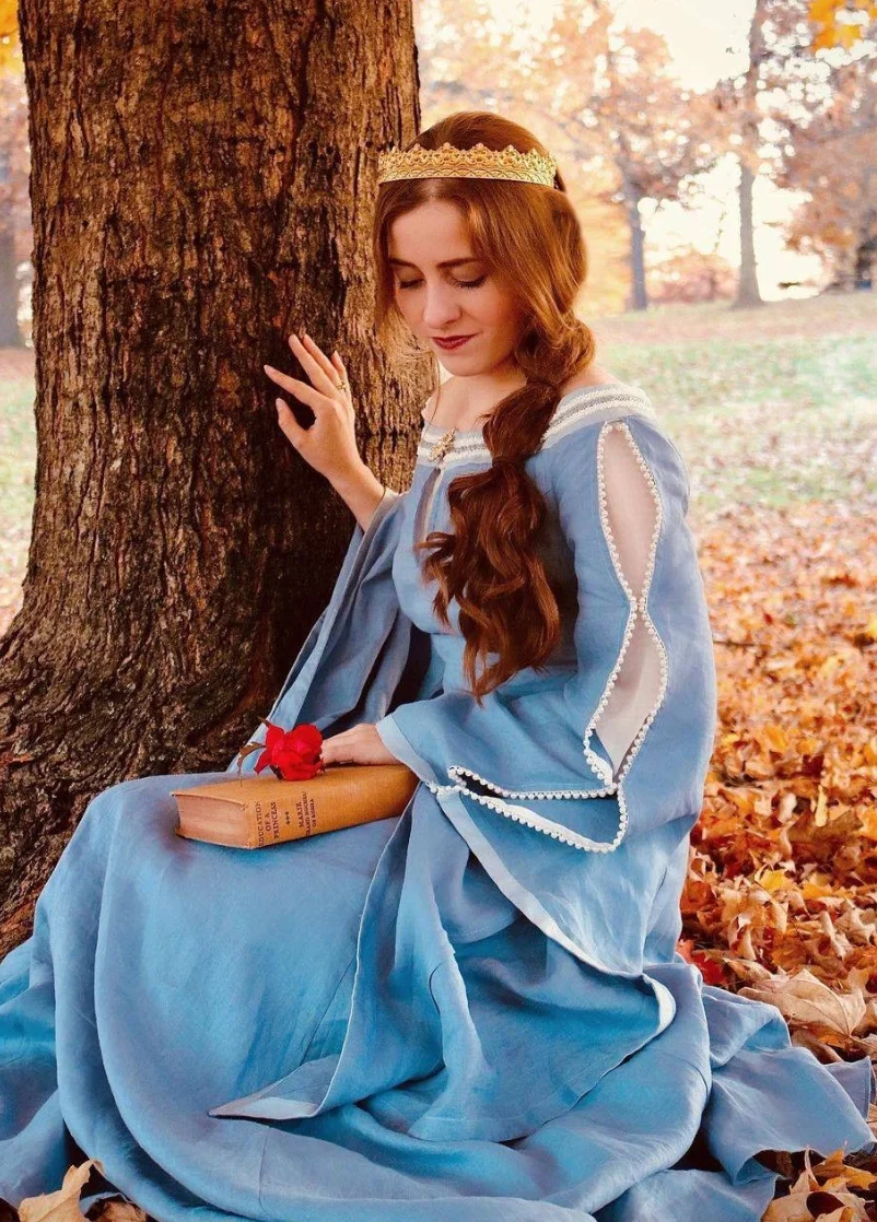 Autumn Enchantment: Light Blue Medieval Dress Pearl Details