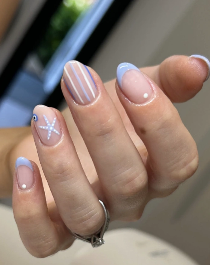 Baby Blue French Tips with Starfish and Nautical Stripes