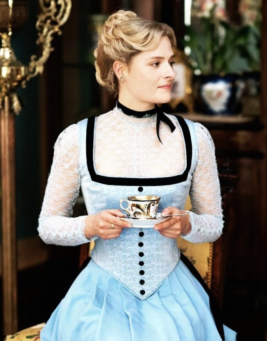 Baby Blue Lace Dress with Black Trim Detail