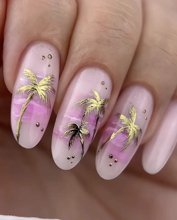 Beachy Ombre Nails with Gold Palm Trees and Tiny Gems