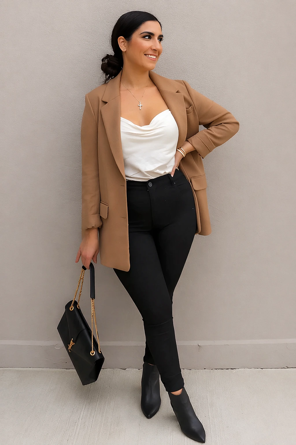 Beige Blazer + Vintage Cami Top + High-Waisted Black Jeans + Ankle Booties