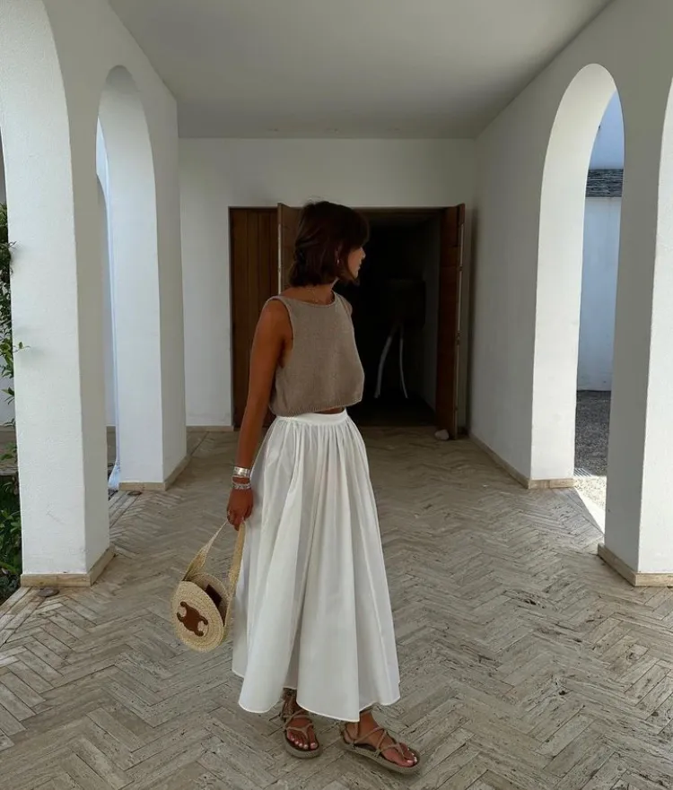 Beige Knit Sleeveless Tank Top + White High-Waisted Maxi Skirt + Tan Flat Sandals