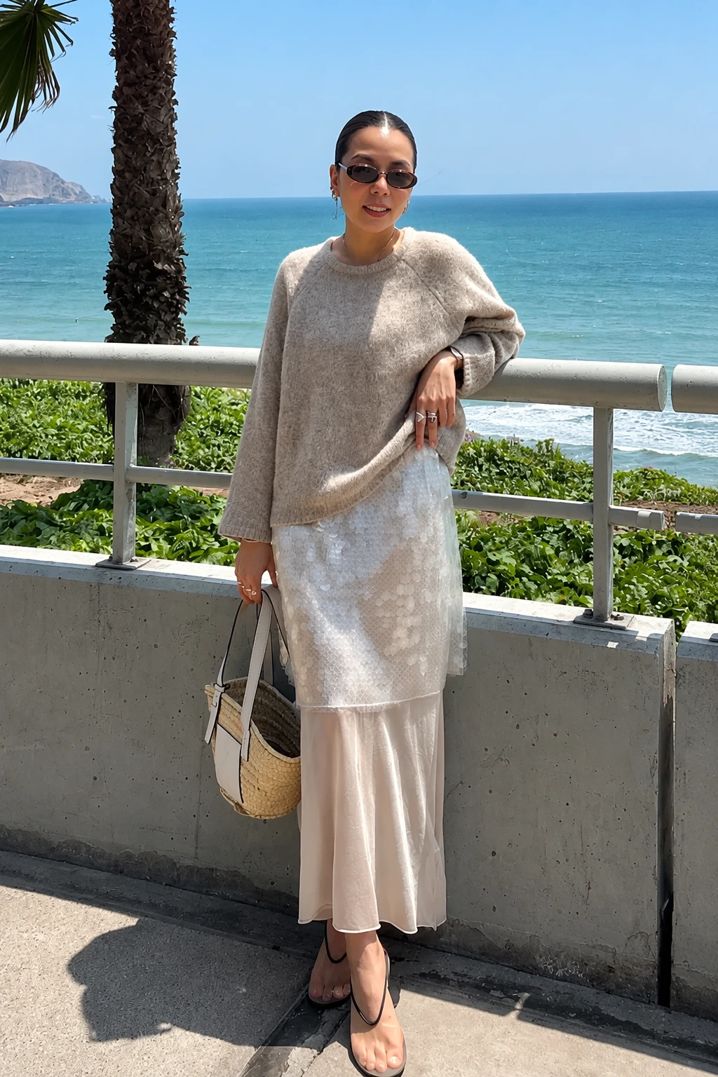 Beige Knit Sweater + Shimmering White Midi Skirt + Chic Nude Flat Sandals