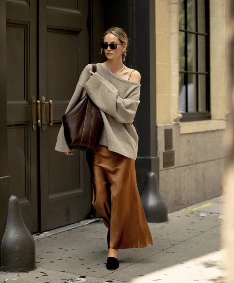 Beige Oversized Sweater + Copper Satin Midi Skirt + Black Flat Loafers