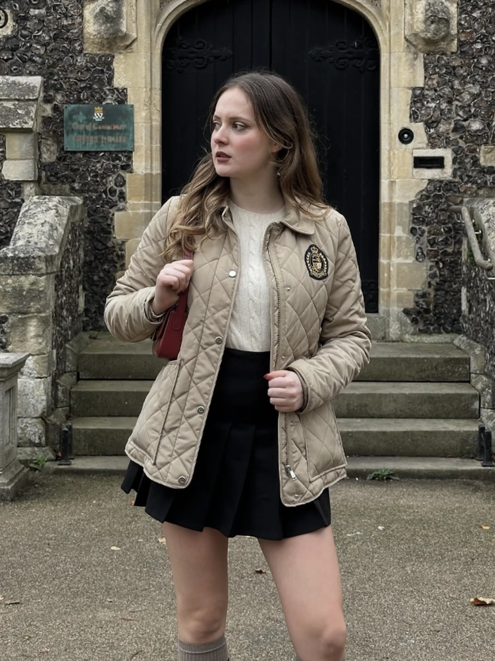 Beige Quilted Jacket + Cream Sweater + Black Mini Skirt