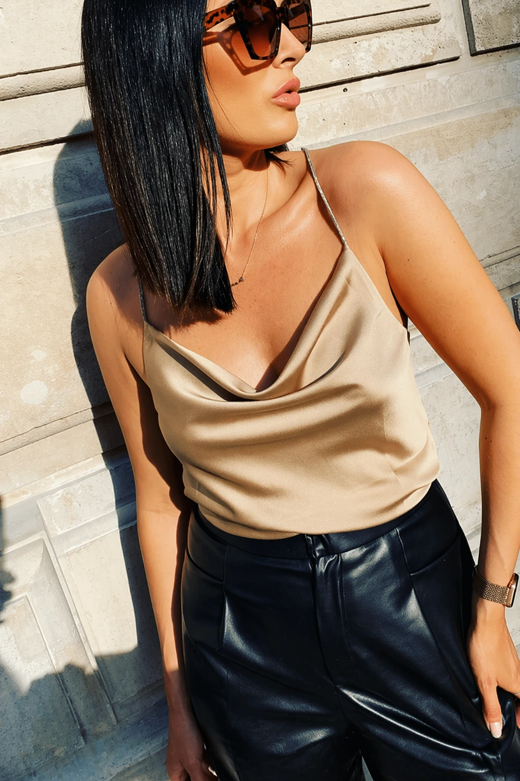 Beige Satin Tank Top Cami + Black Faux Leather Pants