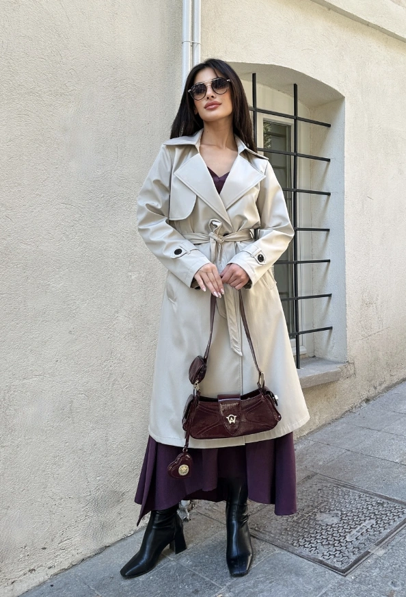 Beige Trench Coat + Burgundy Maxi Dress + Black Knee-High Boots