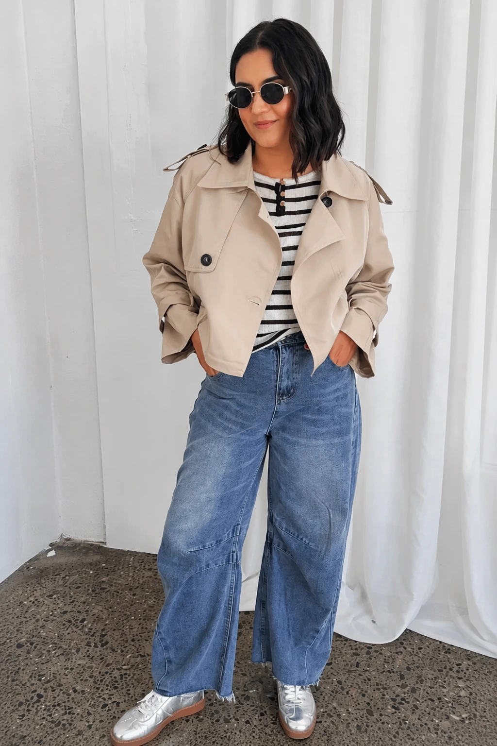 Beige Trench Coat + Striped Top + Baggy Wide Leg Jeans + Silver Sneakers