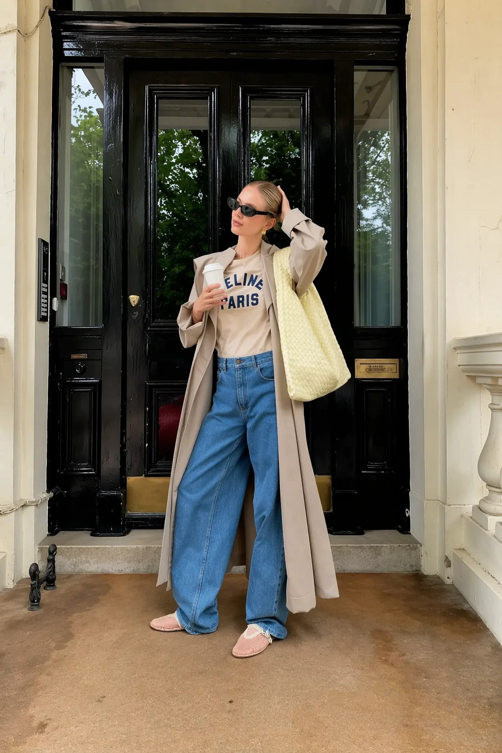 Beige Trench Coat + White Graphic T-Shirt + Blue Wide-Leg Jeans + Pink Slip-On Flats