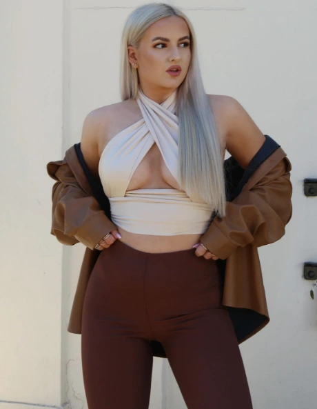 Beige Wrap Halter Top + Brown High-Waisted Leggings + Oversized Brown Blazer