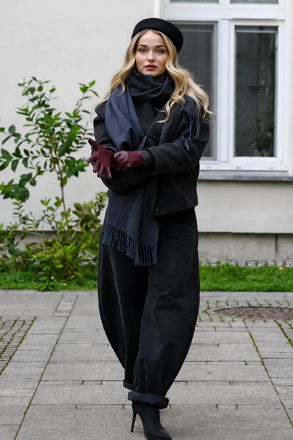 Beret + Scarf + Cropped Jacket + Barrel Jeans + Gloves + Booties