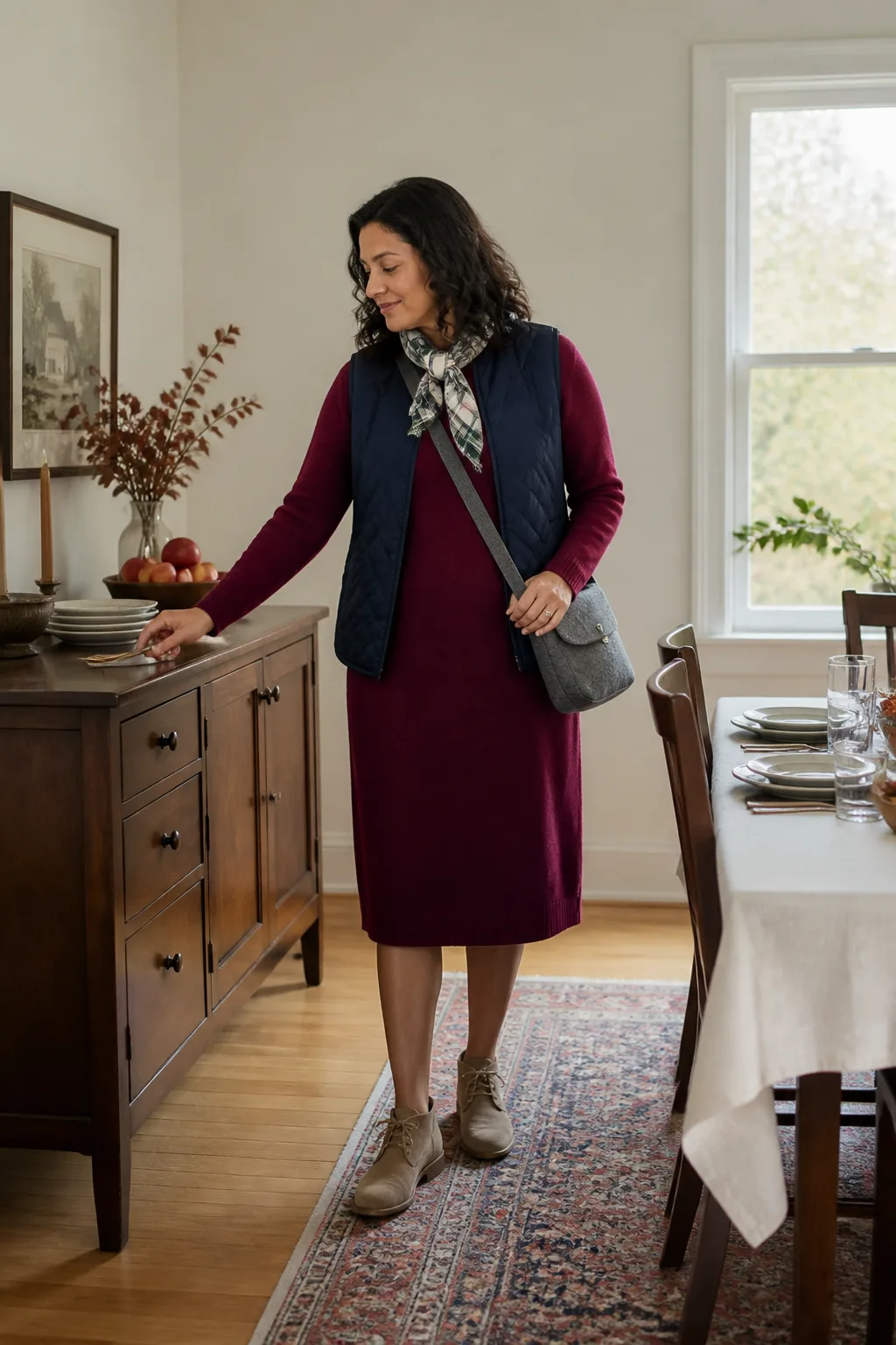 Berry Sweater Dress with a Quilted Vest
