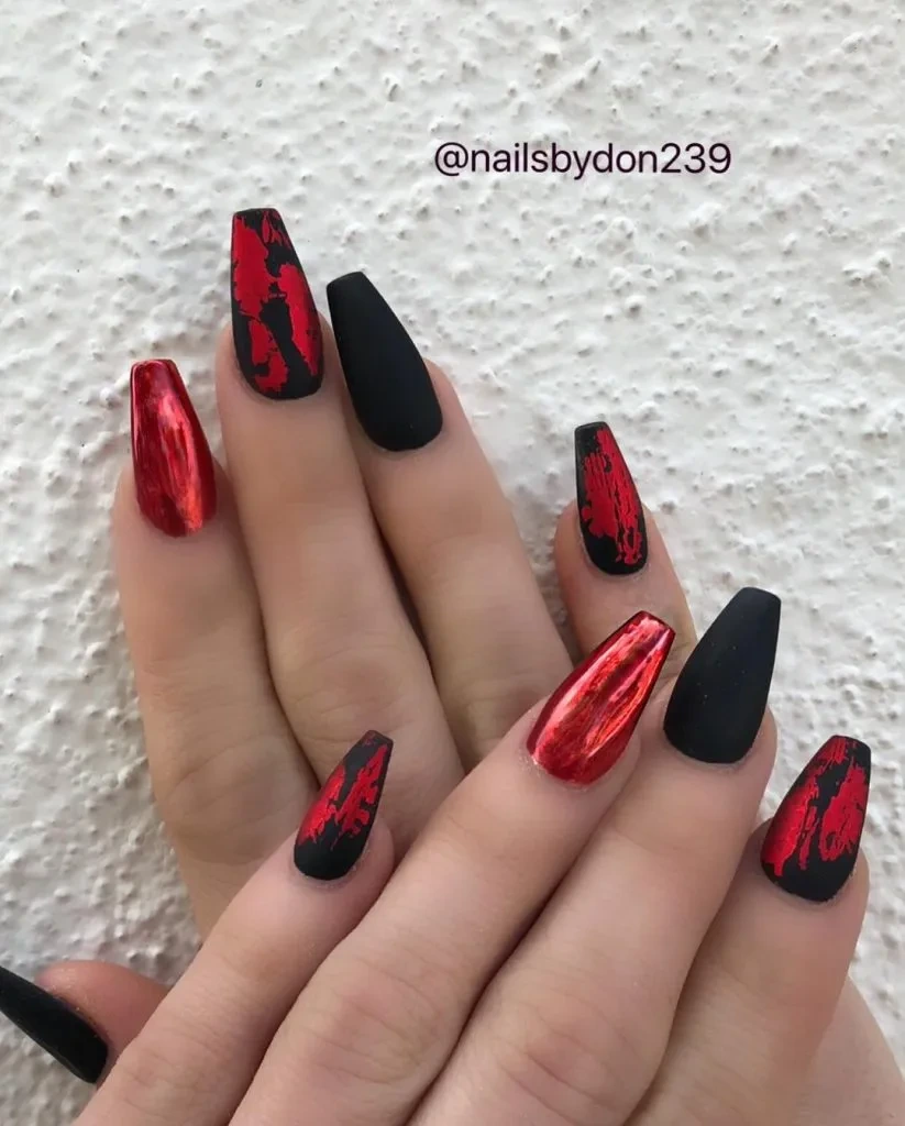 11- Black and Red Crackle Coffin Nails