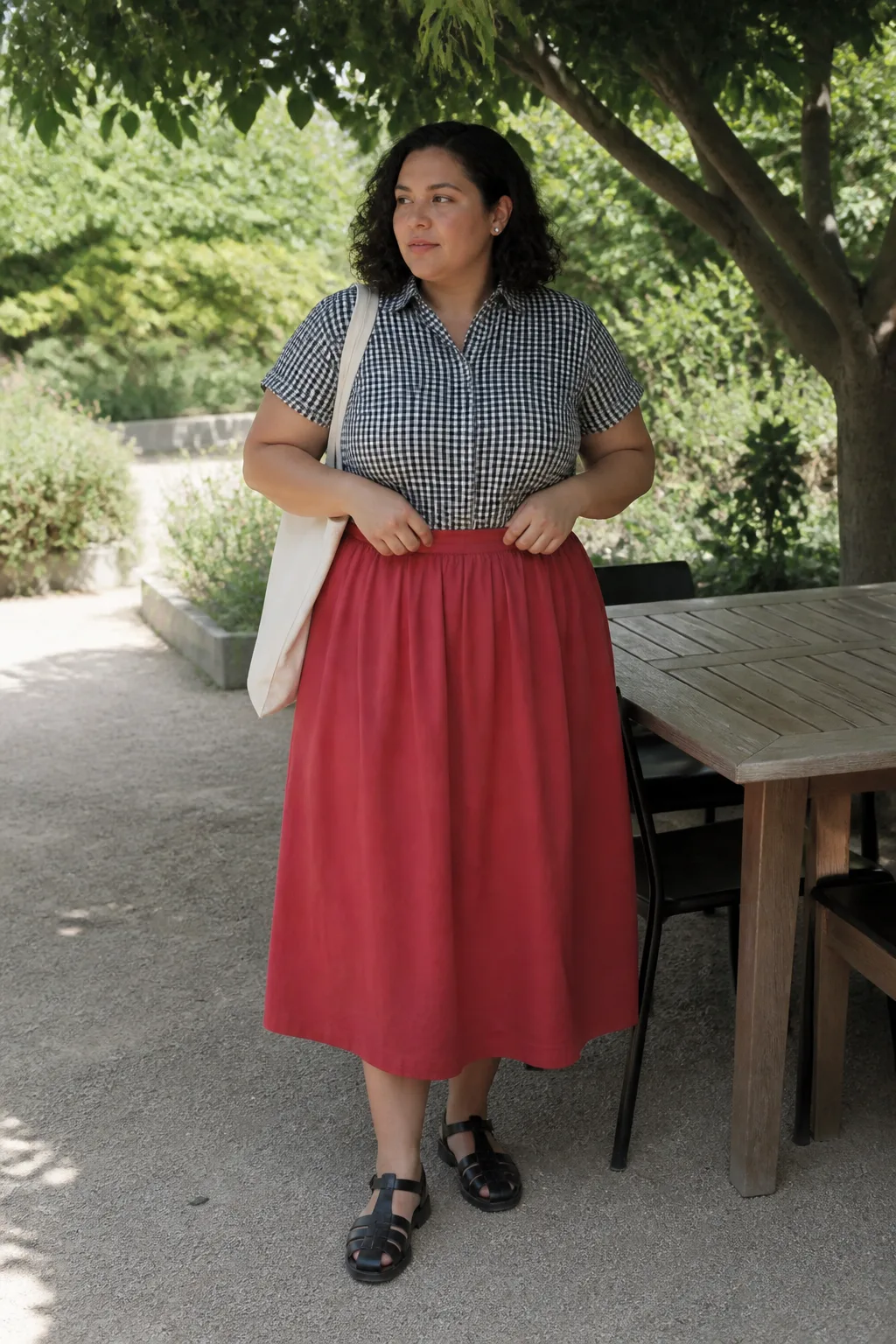 Black-and-White Check Shirt with Red Midi Skirt