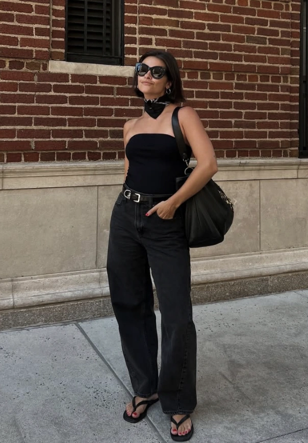 Black Bandeau Top + Barrel Jeans + Flip Flops