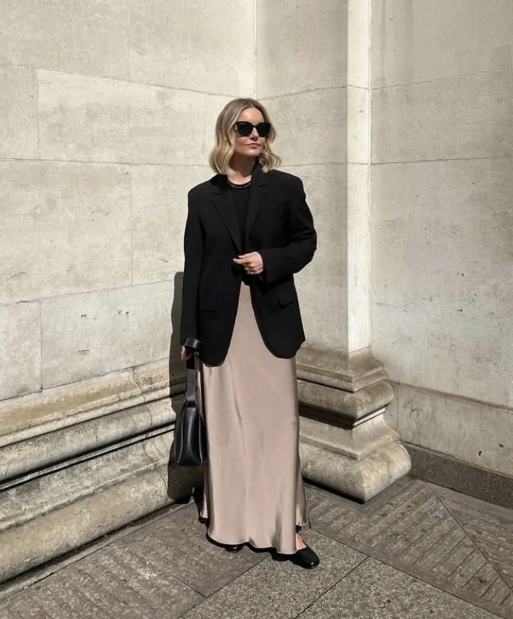 Black Blazer + Beige Satin Maxi Skirt + Black Ballet Flats