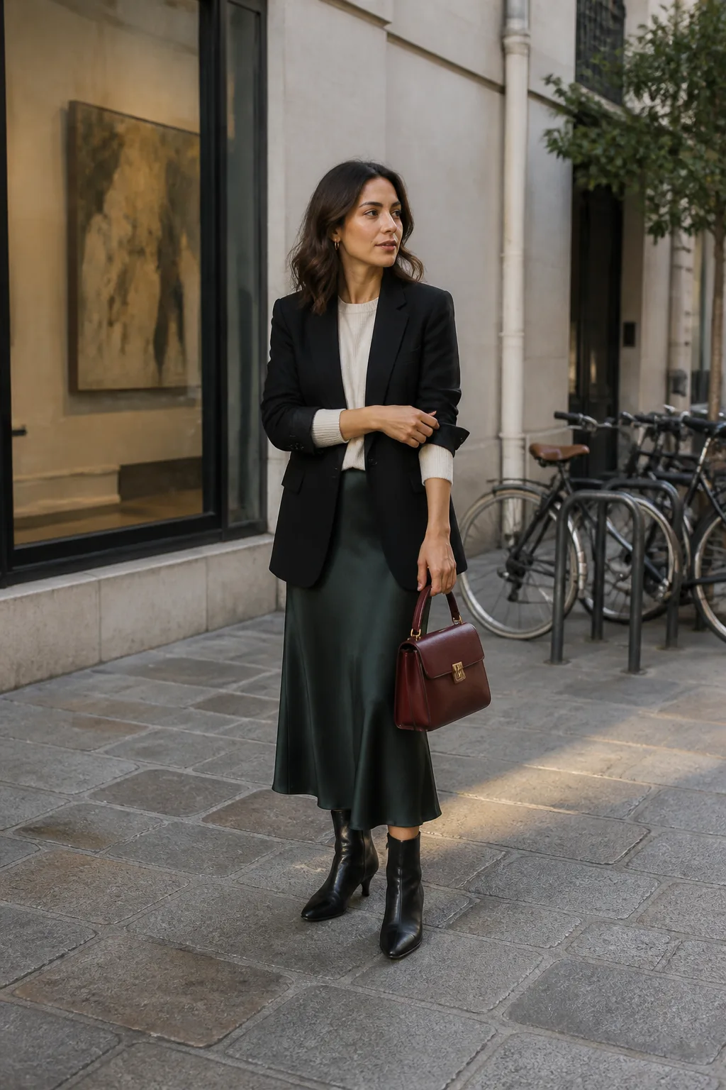 Black Blazer with Satin Midi Skirt and Ankle Boots