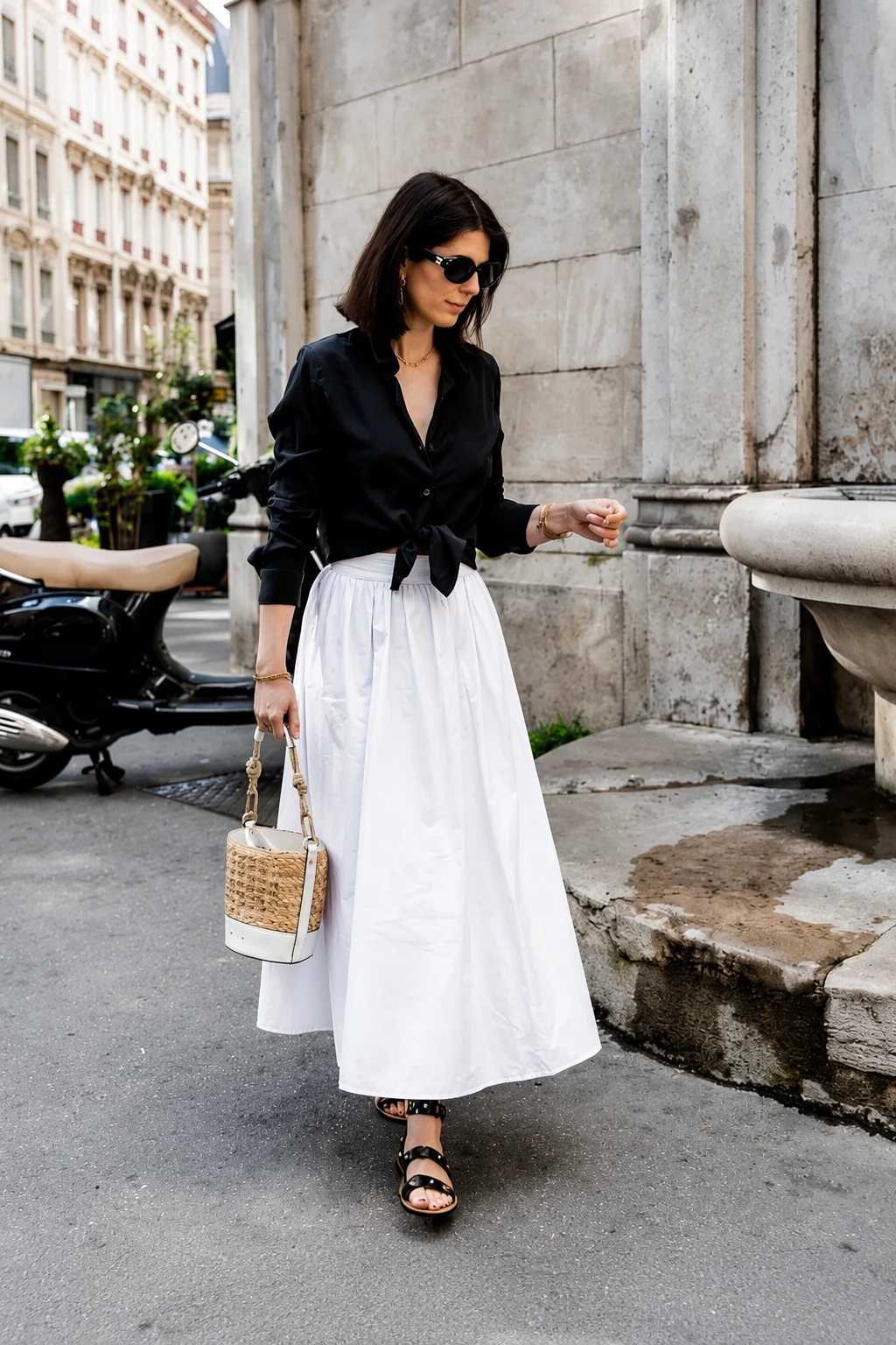 Black Button-Down Blouse + White Midi Skirt + Black Strappy Sandals