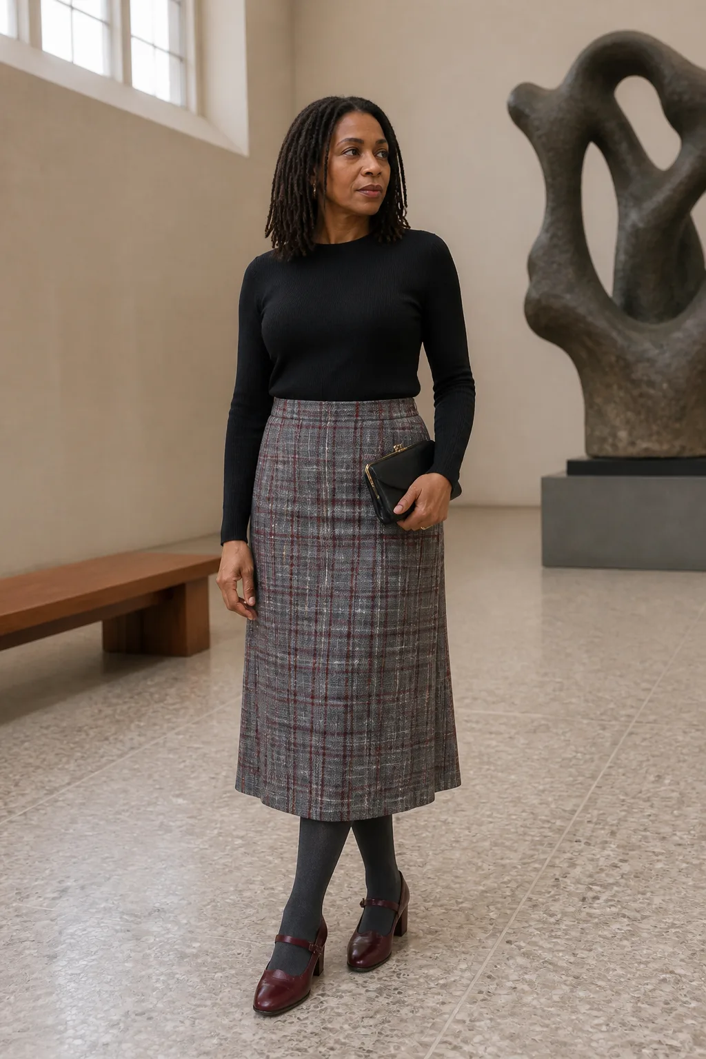 Black Cashmere Crewneck with a Checked Skirt