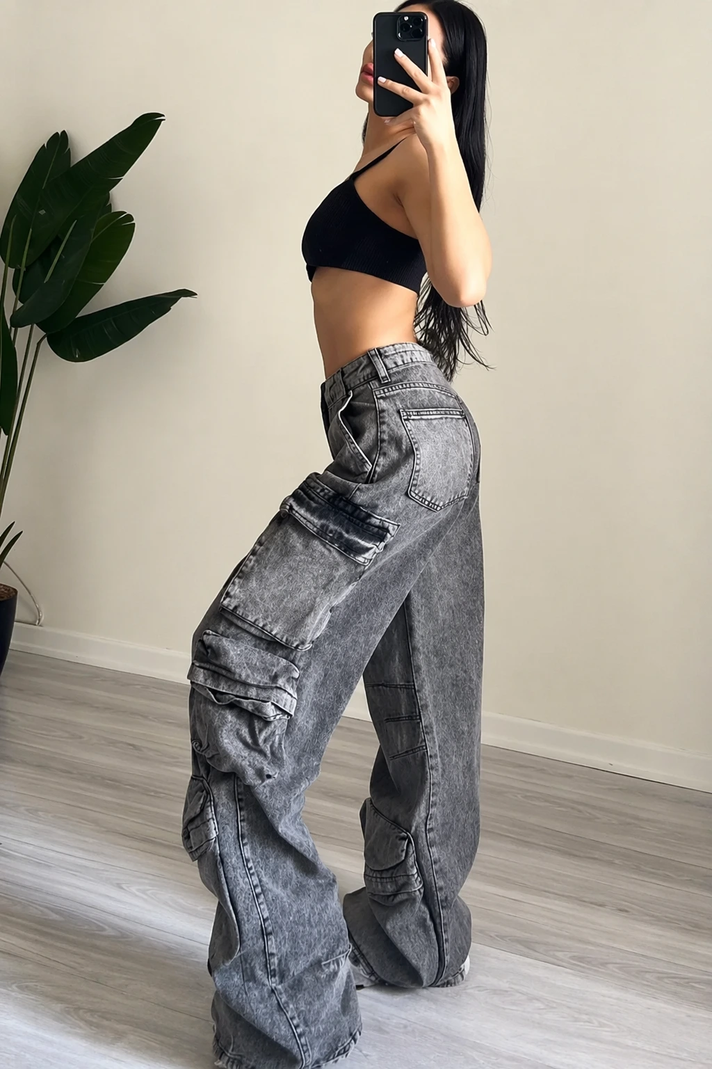 Black Crop Top + Gray Cargo Jeans