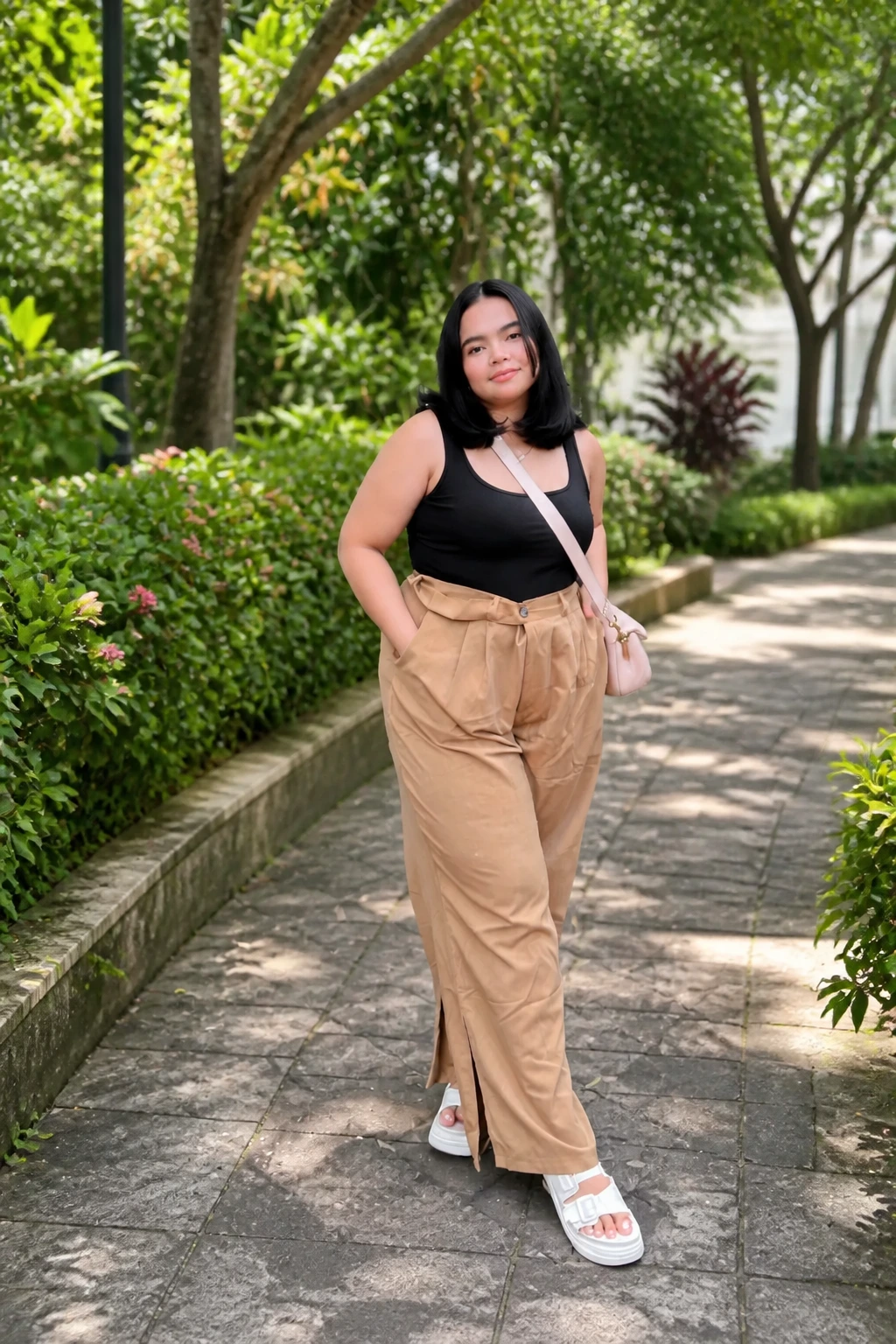 19- Black Crop Top With Beige High-Waisted Pants