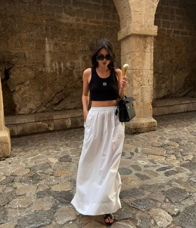 Black Cropped Tank Top + White Maxi Skirt + Black Slide Sandals