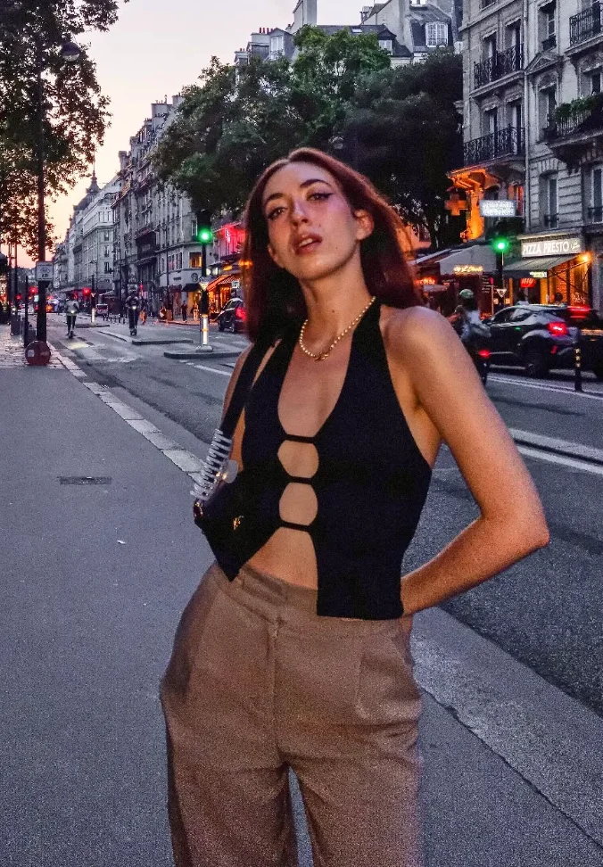 Black Cutout Halter Top + High-Waisted Brown Trousers