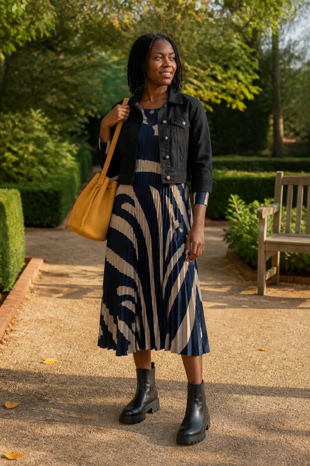 Black Denim Jacket, Pleated Dress, and Lug Boots
