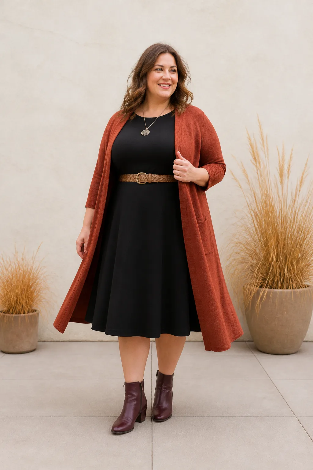 Black Dress with Rust Duster Cardigan
