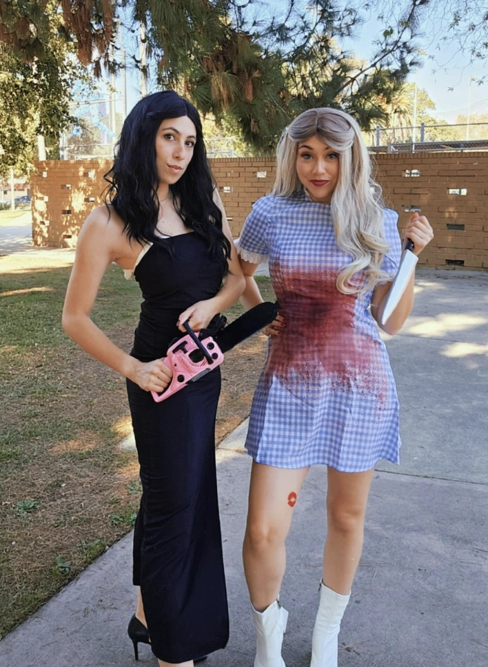 Black Evening Dress + Chainsaw + Blue Gingham Dress + White Knee-High Boots