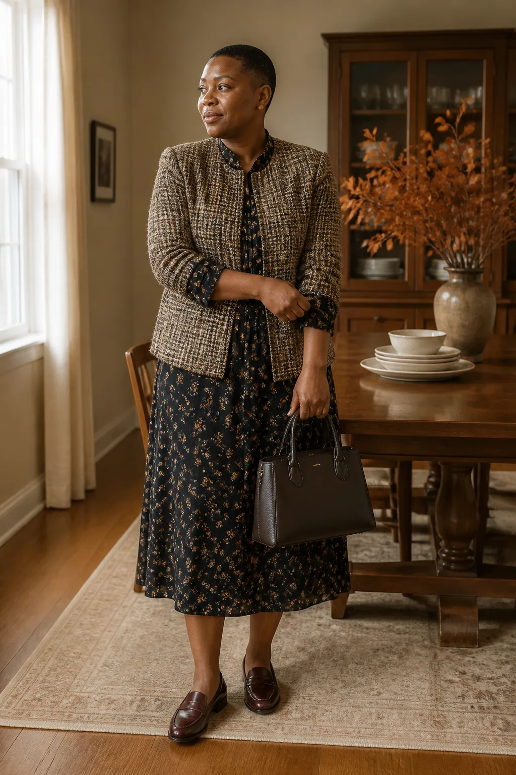 Black Floral Midi Dress with a Tweed Jacket