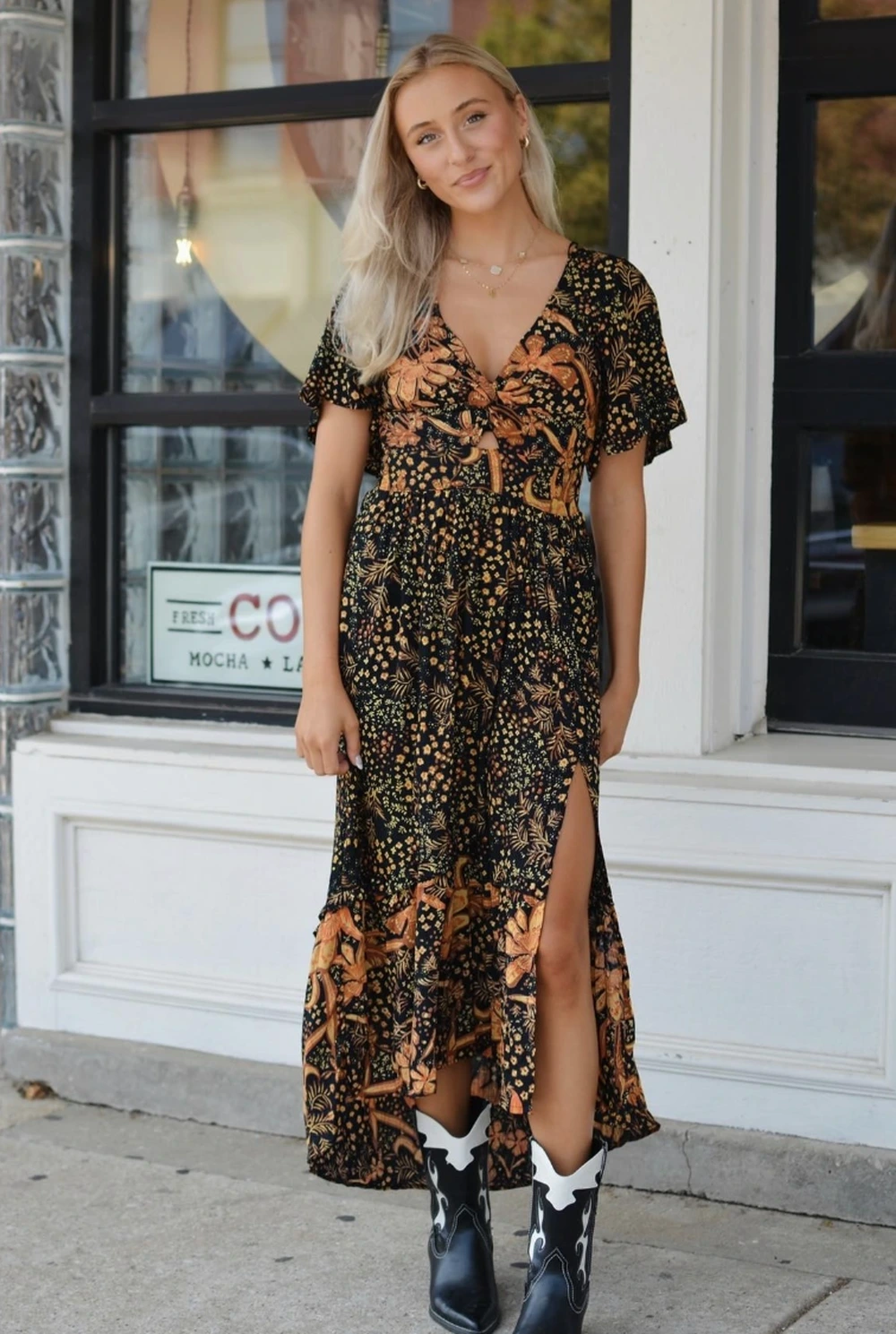 4- Black Floral Midi With Cowboy Boots