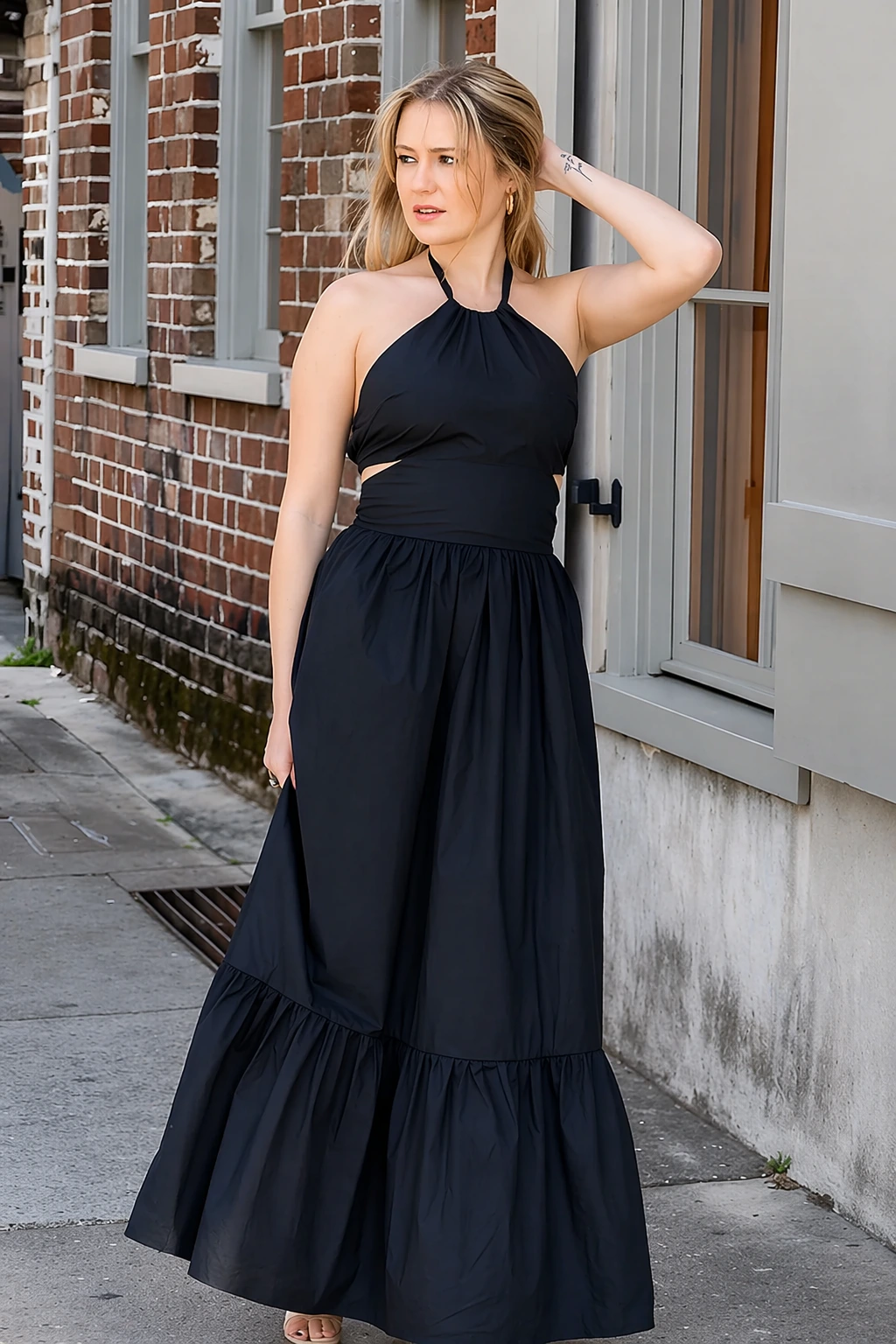 Black Halter Neck Maxi Dress + Strappy Heels