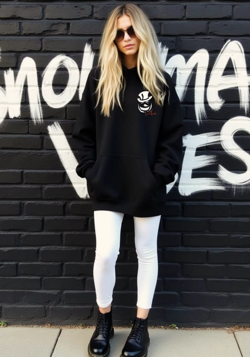 Black Hoodie + White Leggings + Combat Boots