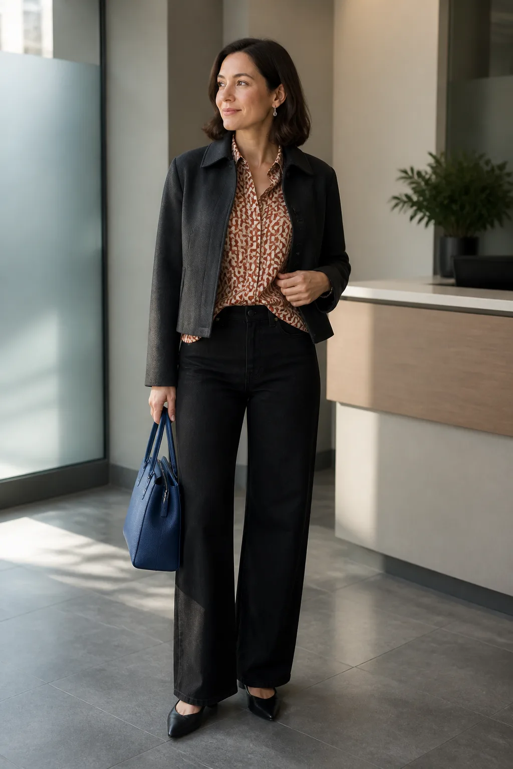 Black Jeans with a Printed Scarf Blouse