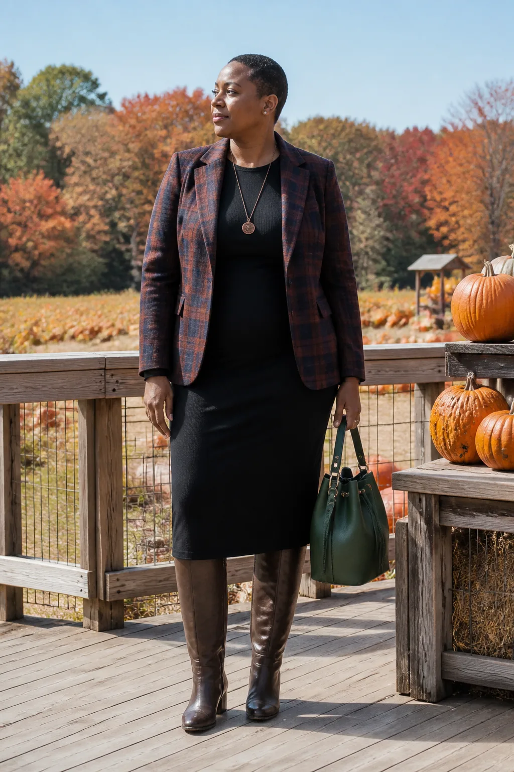 Black Jersey Dress, Plaid Blazer, and Riding Boots
