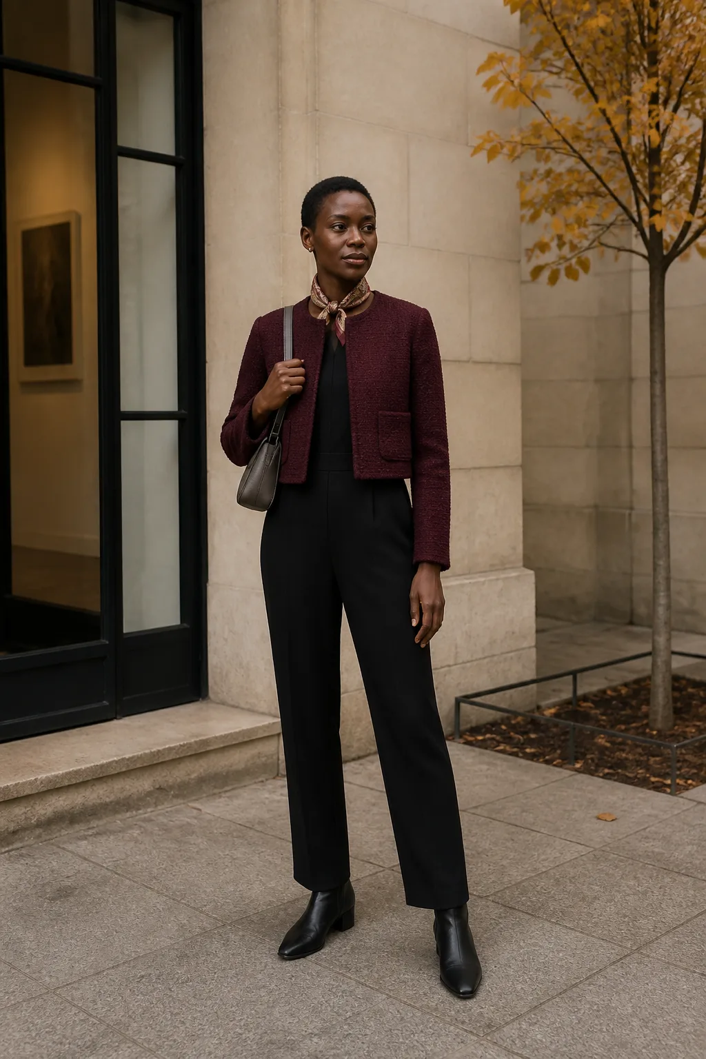 Black Jumpsuit, Bouclé Jacket and Ankle Boots