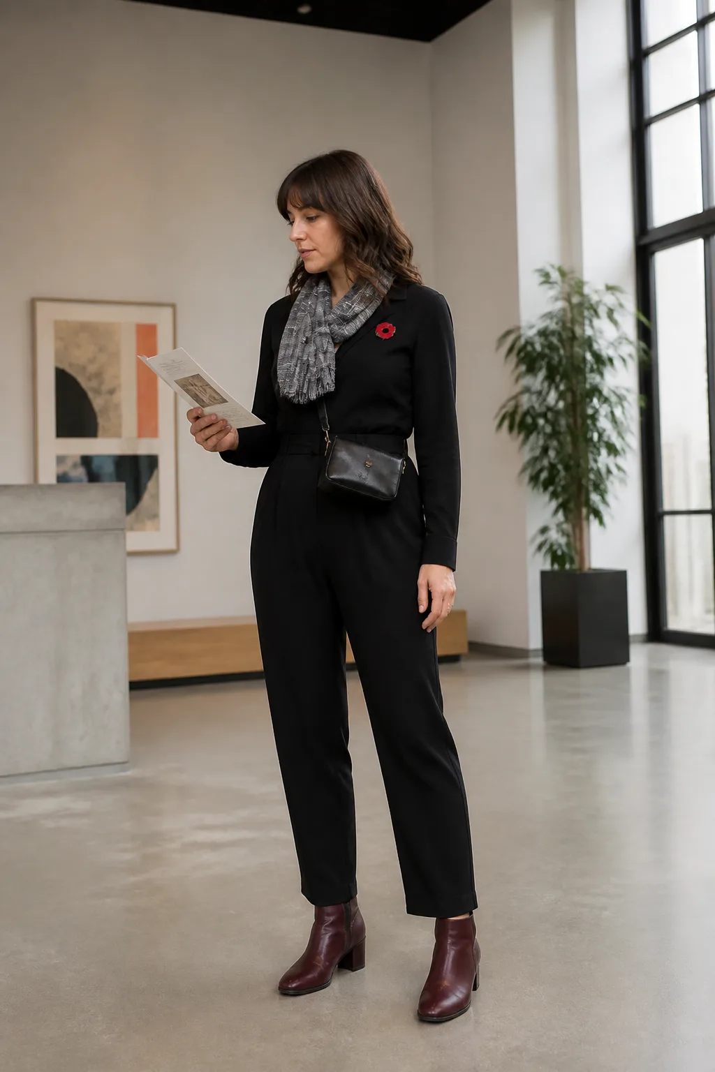 Black Jumpsuit, Checked Scarf, and Red Poppy Brooch