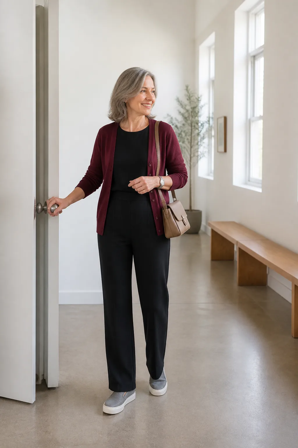 Black Jumpsuit with Burgundy Cardigan