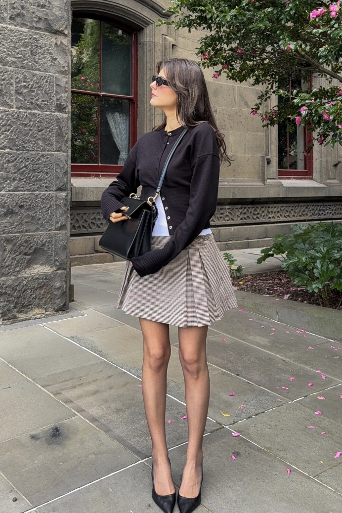 Black Knit Cardigan + White Ruffle Top + Brown Pleated Skirt + Black Heels