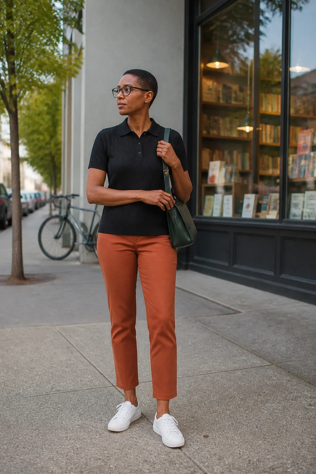 Black Knit Polo with Rust Ankle Pants