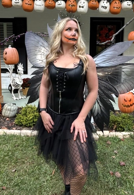 Black Lace-Up Corset Top + Tulle Skirt + Fishnet Stockings + Spooky Wings + Crown Headband