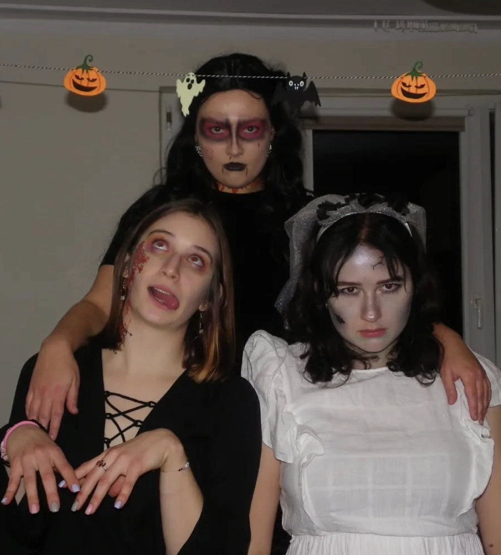 Black Lace-Up Dress + Zombie Makeup + White Ghost Costume