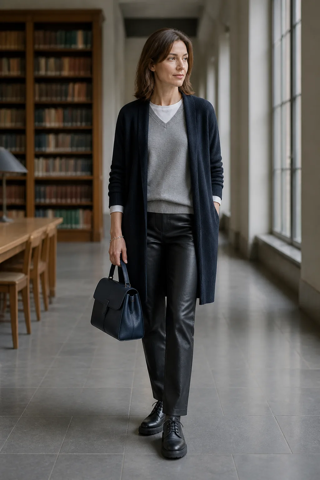 Black Leather-Effect Trousers with a Longline Cardigan