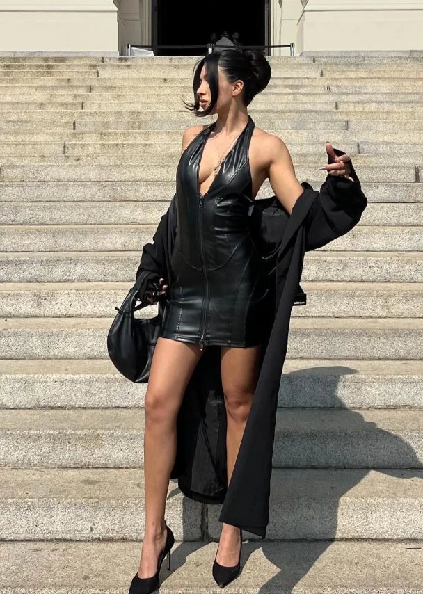 Black Leather Halter Mini Dress + Black Long Coat + Black Pointed-Toe Heels
