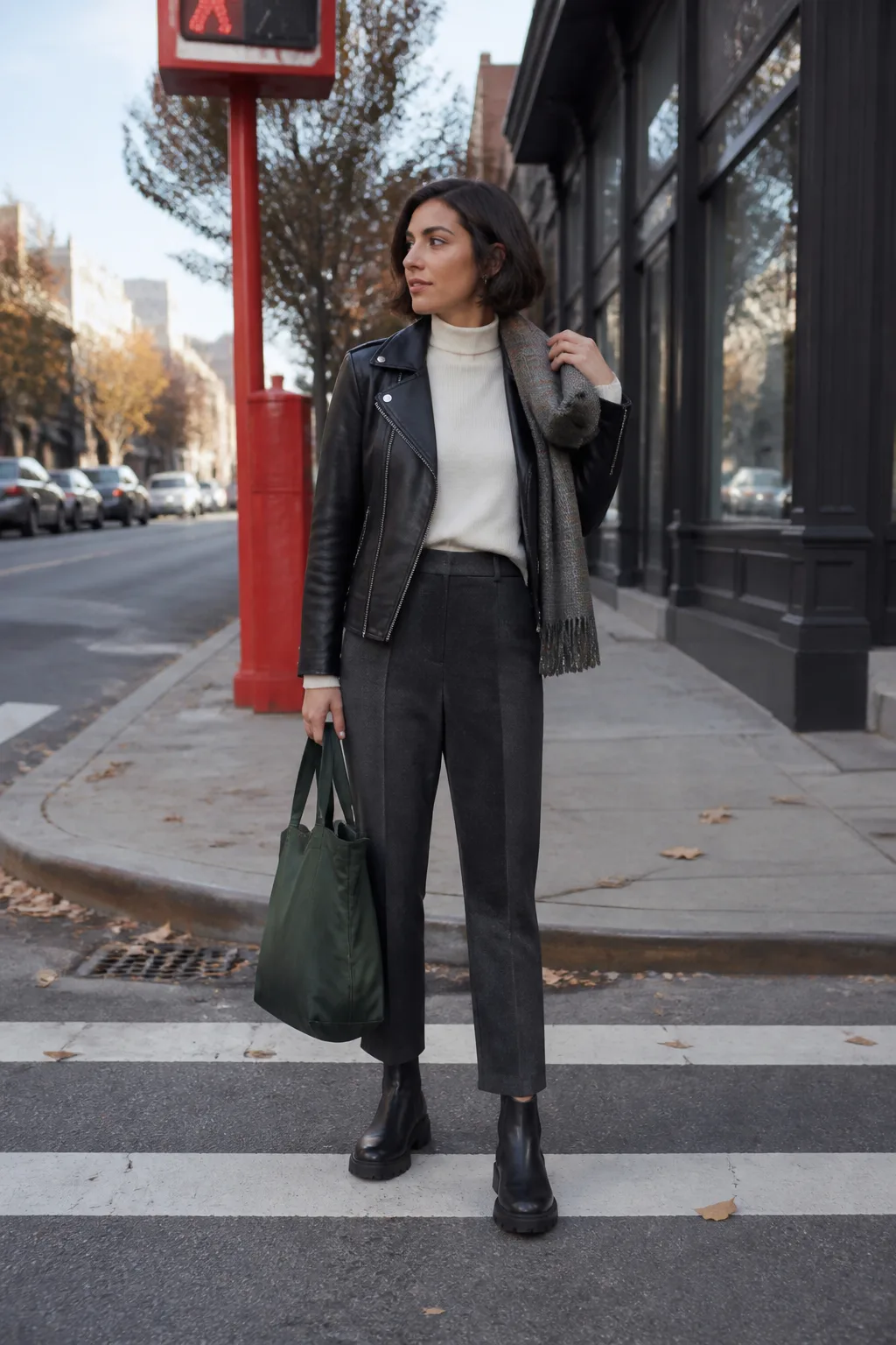 Black Leather Jacket, Cream Trousers and Chelsea Boots